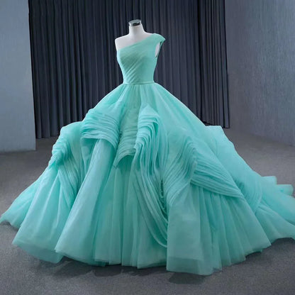 Serene Hill High End Custom Made Light Green One Shoulder Lace Up Beaded Luxury Ball Gown Bride Gowns Wedding Dress HM231120 - SERENE HILL