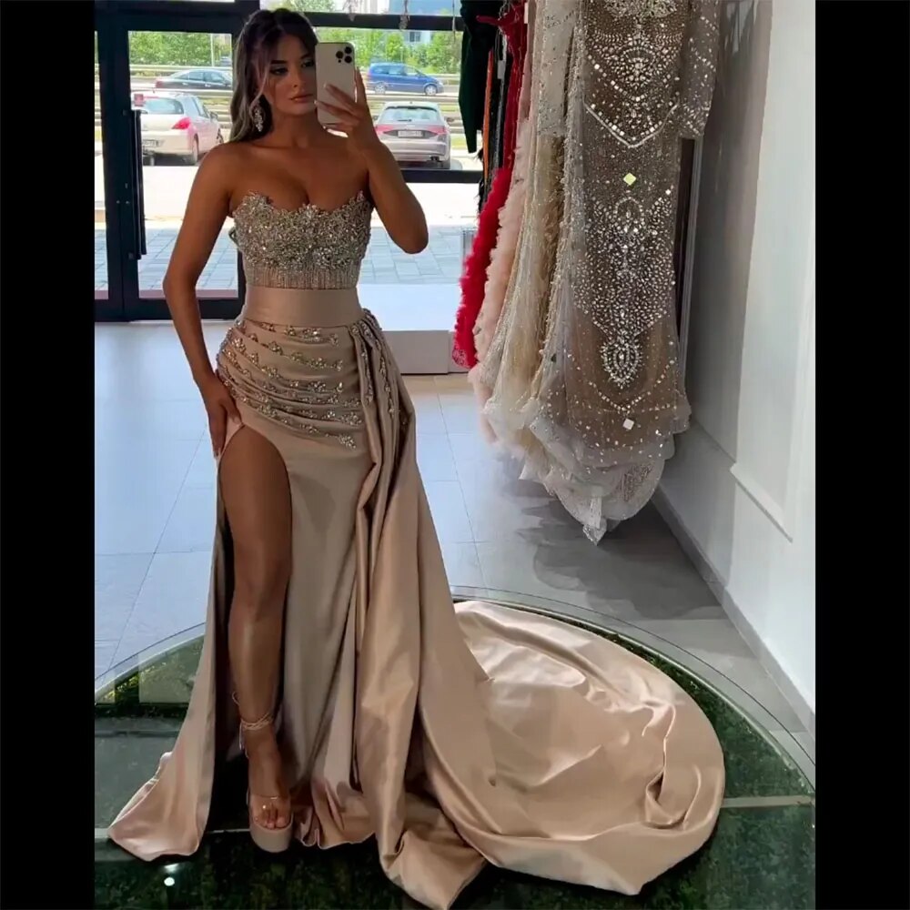 Serene Hill High Split With Skirt Mermaid Nude Sexy CRYSTAL Beaded Evening Dresses Gowns For Women Party 2025 LA72135 - SERENE HILL