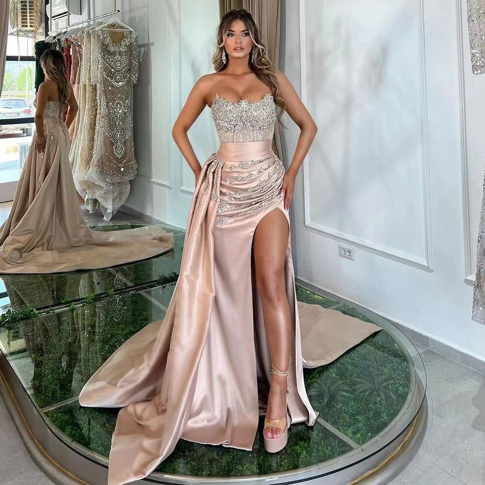 Serene Hill High Split With Skirt Mermaid Nude Sexy CRYSTAL Beaded Evening Dresses Gowns For Women Party 2025 LA72135 - SERENE HILL