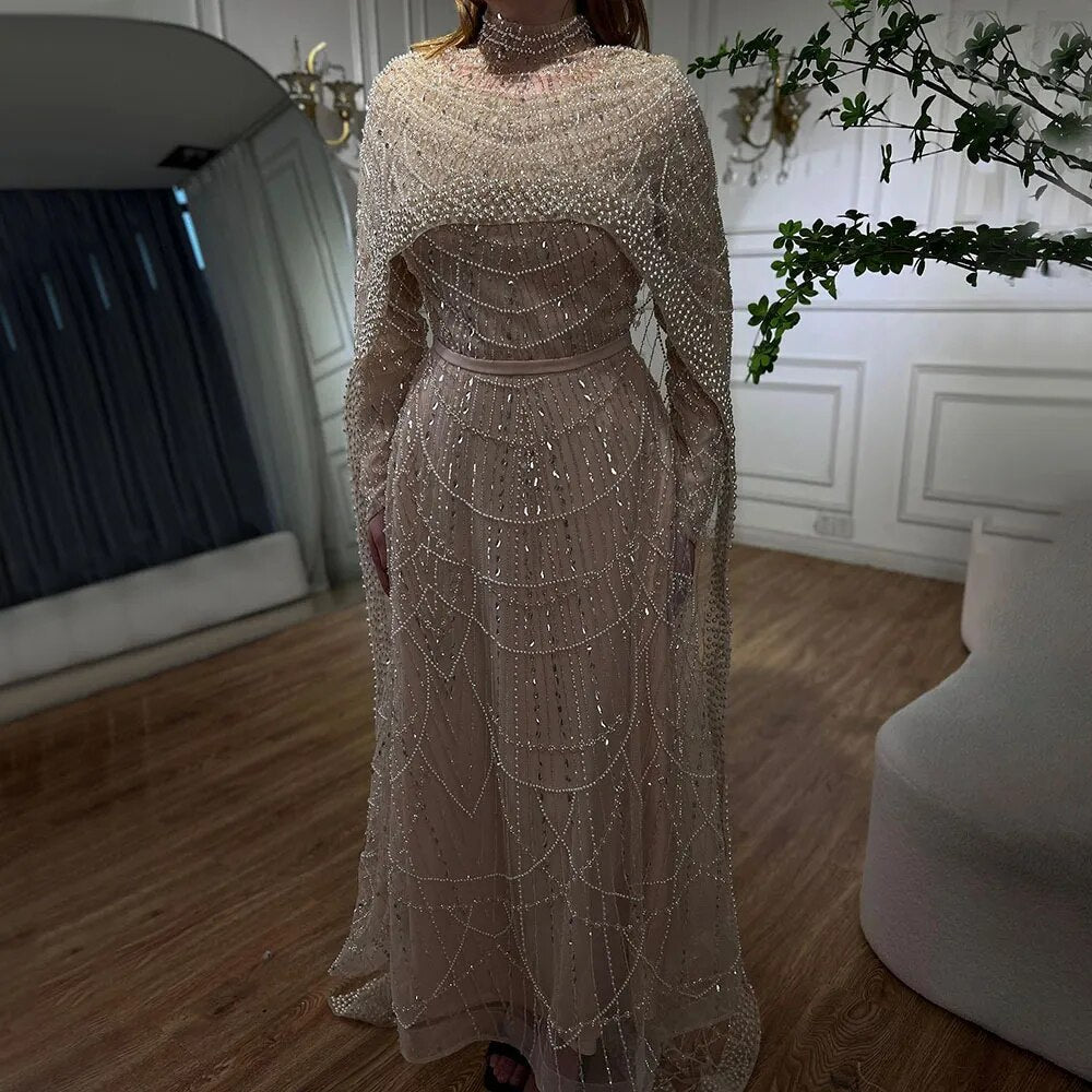 Luxury Modest Sage Green Evening Dress with Pearls LA72032B - SERENE HILL