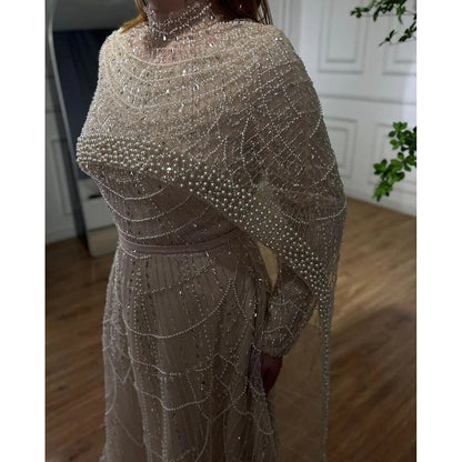 Luxury Modest Sage Green Evening Dress with Pearls LA72032B - SERENE HILL