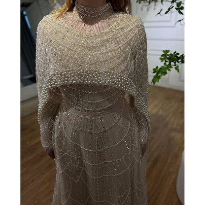 Luxury Modest Sage Green Evening Dress with Pearls LA72032B - SERENE HILL