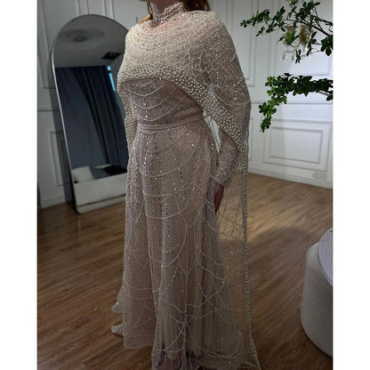 Luxury Modest Sage Green Evening Dress with Pearls LA72032B - SERENE HILL