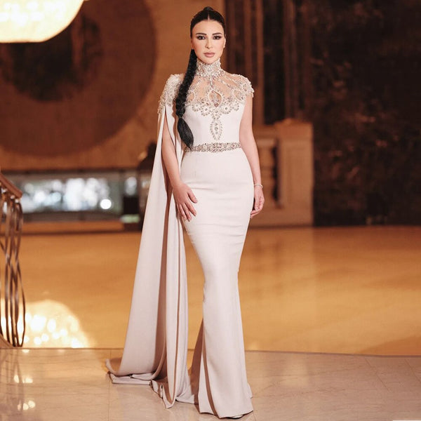 Serene Hill Ivory High Neck Cape Sleeve Mermaid Evening Dresses Beaded Elegant Gowns 2025 For Women Wedding Party LA72045