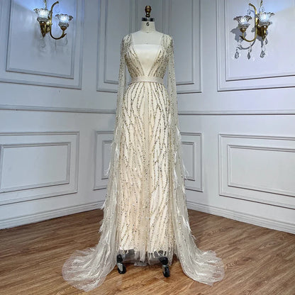 Serene Hill Ivory Mermaid Elegant Feathers Cape Sleeves Square Beaded Luxury Evening Dresses Gowns Caftan Marocain LA71748 - SERENE HILL