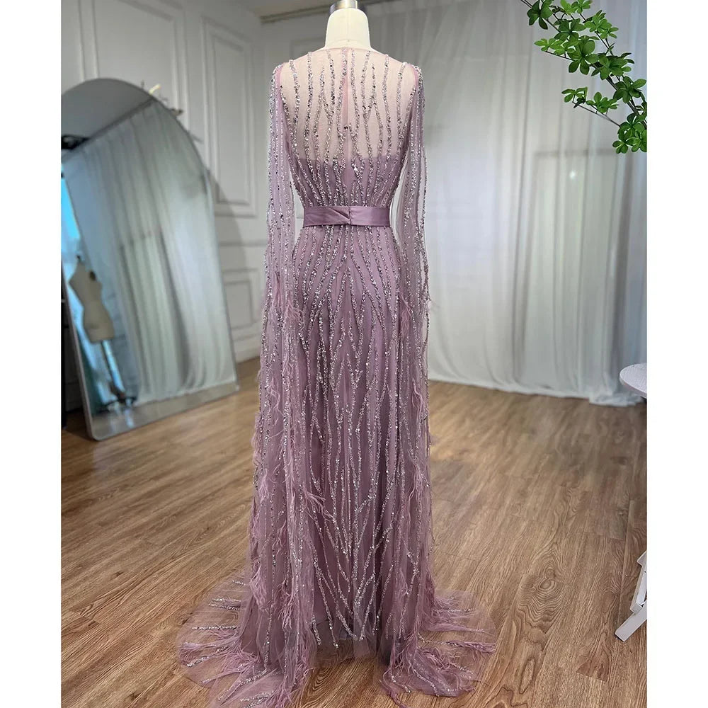 Serene Hill Ivory Mermaid Elegant Feathers Cape Sleeves Square Beaded Luxury Evening Dresses Gowns Caftan Marocain LA71748 - SERENE HILL