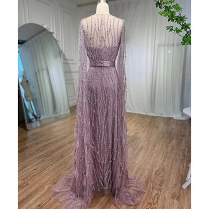 Serene Hill Ivory Mermaid Elegant Feathers Cape Sleeves Square Beaded Luxury Evening Dresses Gowns Caftan Marocain LA71748 - SERENE HILL