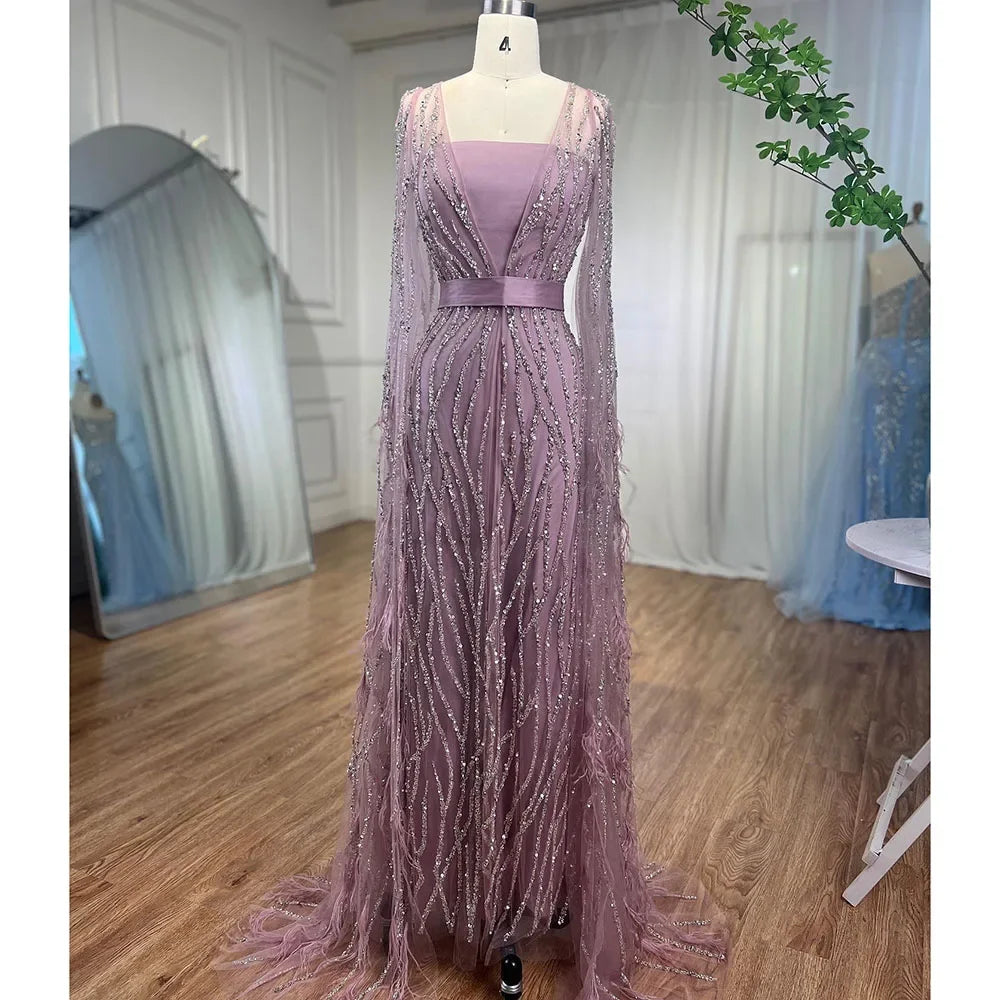 Serene Hill Ivory Mermaid Elegant Feathers Cape Sleeves Square Beaded Luxury Evening Dresses Gowns Caftan Marocain LA71748 - SERENE HILL