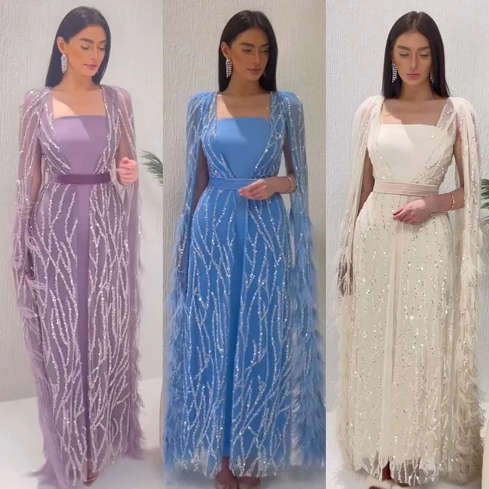 Serene Hill Ivory Mermaid Elegant Feathers Cape Sleeves Square Beaded Luxury Evening Dresses Gowns Caftan Marocain LA71748 - SERENE HILL