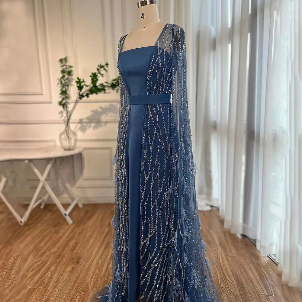 Serene Hill Ivory Mermaid Elegant Feathers Cape Sleeves Square Beaded Luxury Evening Dresses Gowns Caftan Marocain LA71748 - SERENE HILL