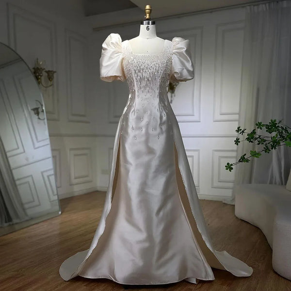 Serene Hill Ivory Satin Mermaid Puff Sleeves Crystal Beaded Evening Dresses Gowns For Women Wedding Party 2025 LA72217