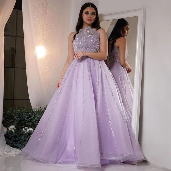 Luxury Dubai Beaded Lilac Evening Dress Elegant Scalloped LA71643