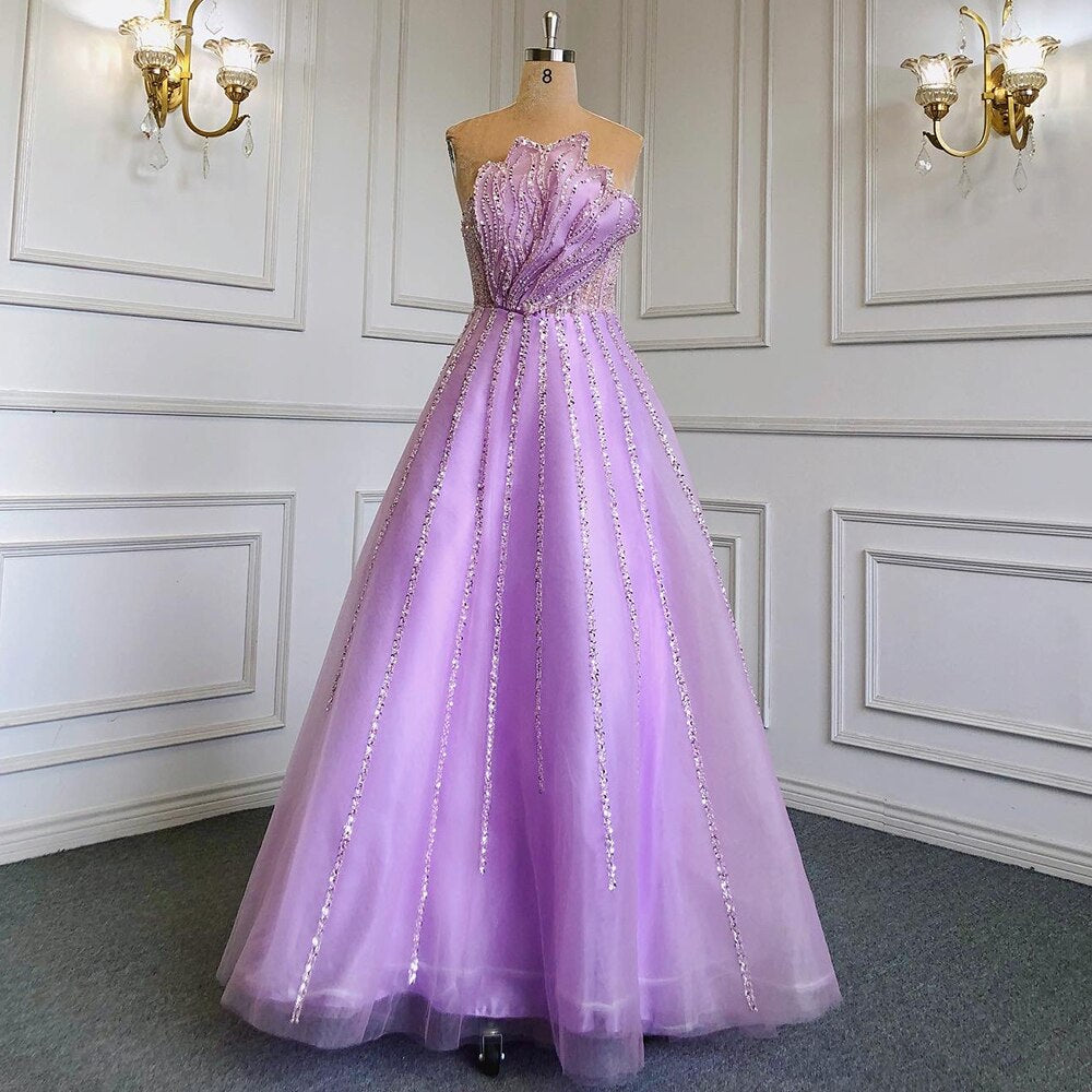 Luxury Dubai Beaded Lilac Evening Dress Elegant Scalloped LA71643 - SERENE HILL