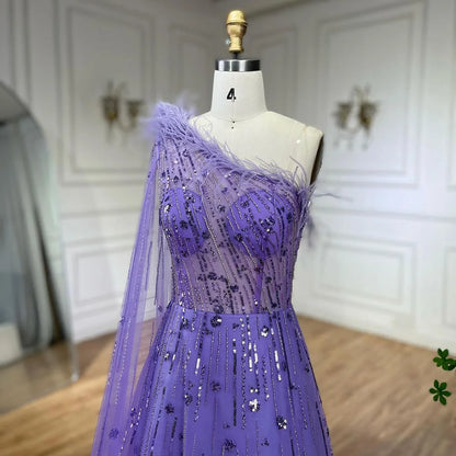Serene Hill Lilac A Line One Shoulder Cape Sleeves Feathers Beaded Luxury Evening Dresses Gowns for Women Wedding Party LA72503A - SERENE HILL