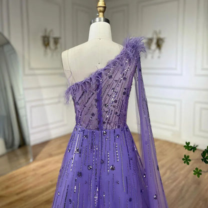 Serene Hill Lilac A Line One Shoulder Cape Sleeves Feathers Beaded Luxury Evening Dresses Gowns for Women Wedding Party LA72503A - SERENE HILL