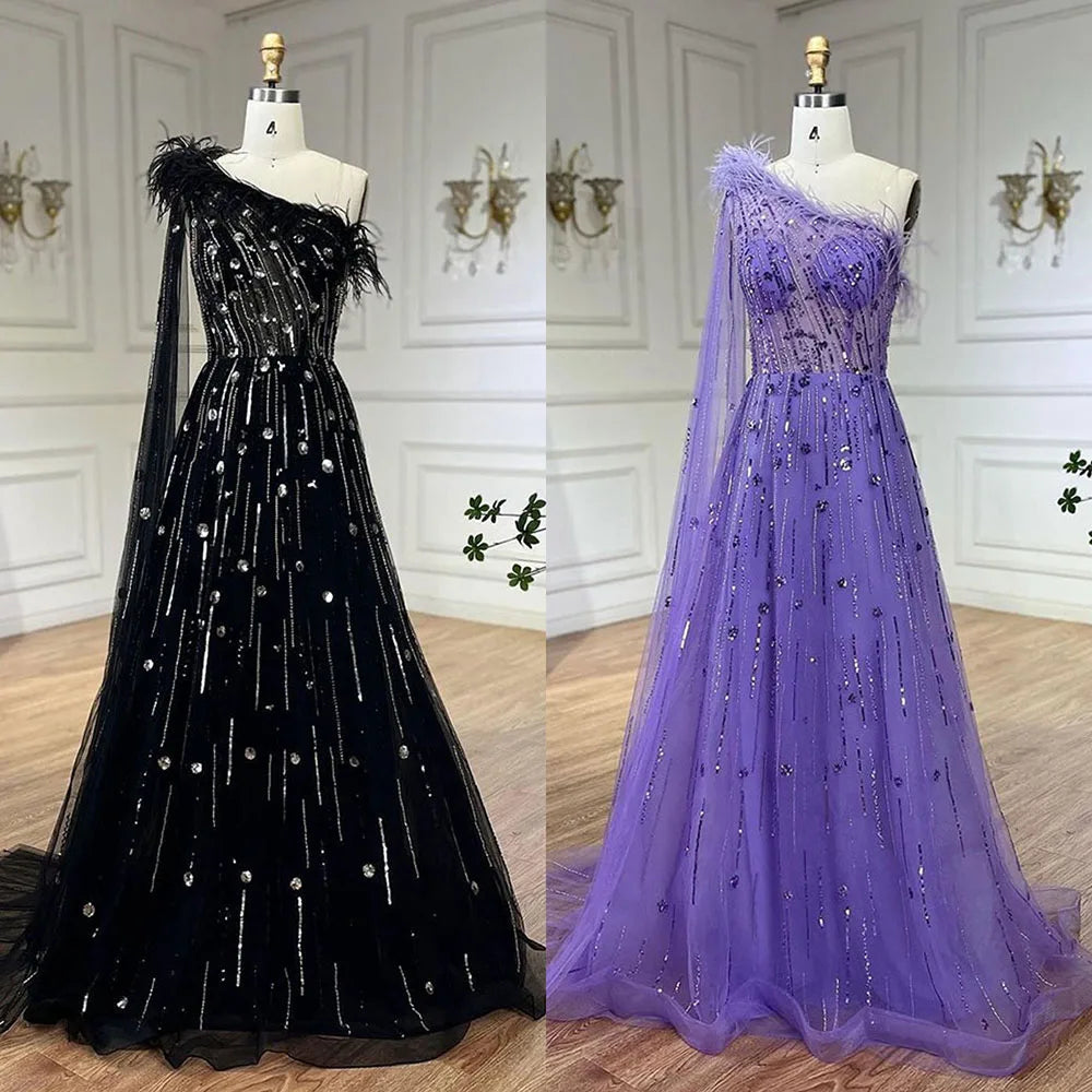 Serene Hill Lilac A Line One Shoulder Cape Sleeves Feathers Beaded Luxury Evening Dresses Gowns for Women Wedding Party LA72503A - SERENE HILL