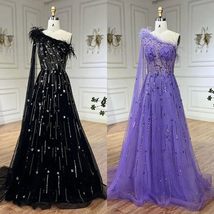 Serene Hill Lilac A Line One Shoulder Cape Sleeves Feathers Beaded Luxury Evening Dresses Gowns for Women Wedding Party LA72503A - SERENE HILL