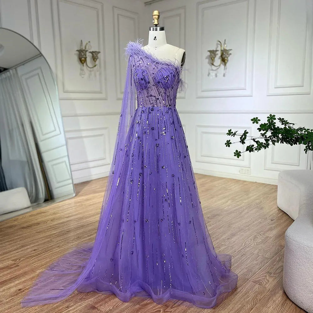 Serene Hill Lilac A Line One Shoulder Cape Sleeves Feathers Beaded Luxury Evening Dresses Gowns for Women Wedding Party LA72503A - SERENE HILL