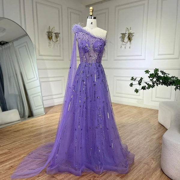 Serene Hill Lilac A Line One Shoulder Cape Sleeves Feathers Beaded Luxury Evening Dresses Gowns for Women Wedding Party LA72503A