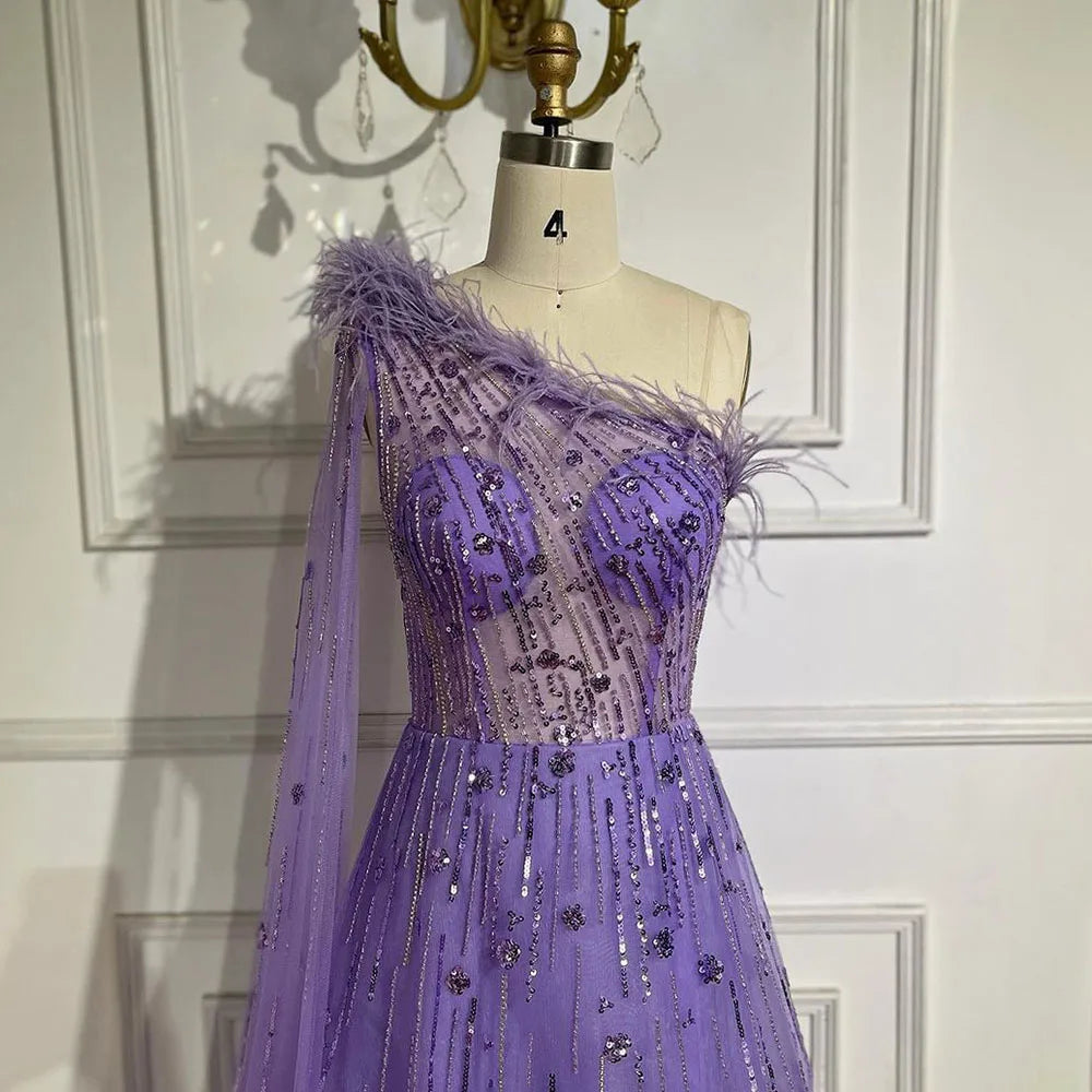 Serene Hill Lilac A Line One Shoulder Cape Sleeves Feathers Beaded Luxury Evening Dresses Gowns for Women Wedding Party LA72503A - SERENE HILL