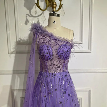 Serene Hill Lilac A Line One Shoulder Cape Sleeves Feathers Beaded Luxury Evening Dresses Gowns for Women Wedding Party LA72503A - SERENE HILL