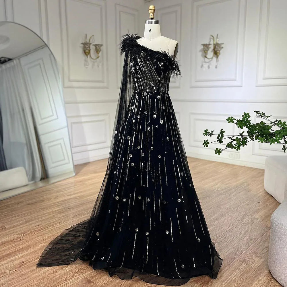Serene Hill Lilac A Line One Shoulder Cape Sleeves Feathers Beaded Luxury Evening Dresses Gowns for Women Wedding Party LA72503A - SERENE HILL