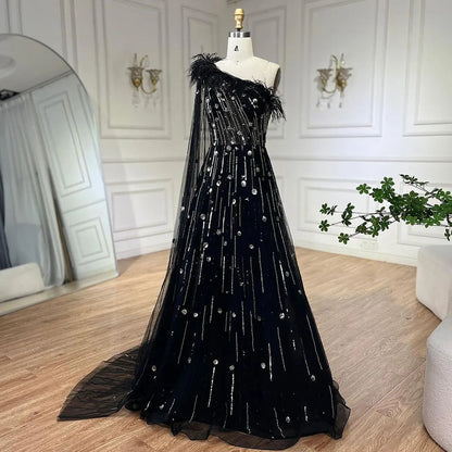 Serene Hill Lilac A Line One Shoulder Cape Sleeves Feathers Beaded Luxury Evening Dresses Gowns for Women Wedding Party LA72503A - SERENE HILL