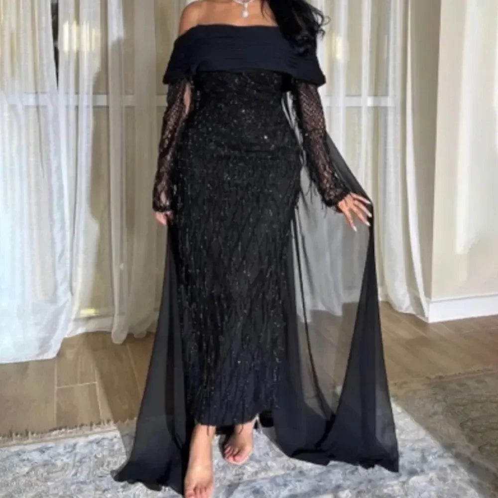 Luxury Tassel Lilac Off Shoulder Evening Dress with Cape LA72374 - SERENE HILL