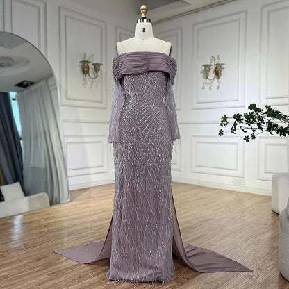 Luxury Tassel Lilac Off Shoulder Evening Dress with Cape LA72374 - SERENE HILL