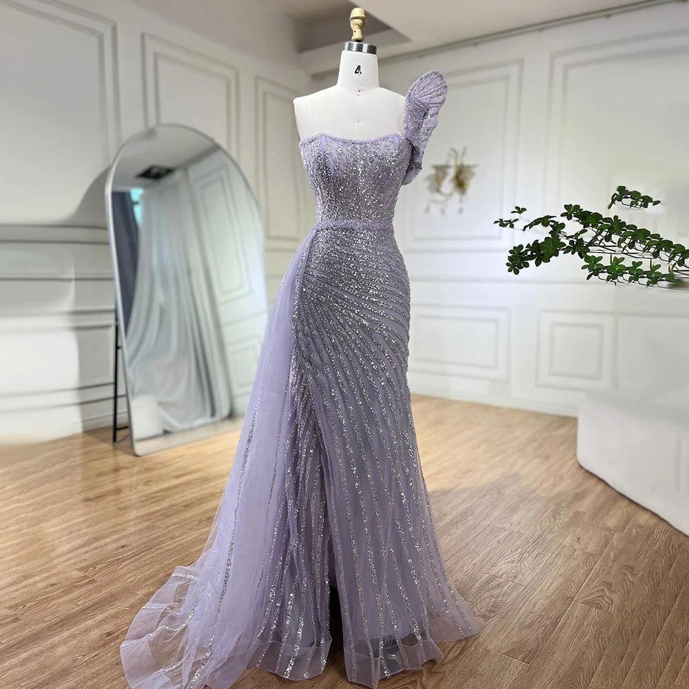 Lilac One Shoulder High Split Beaded Mermaid Evening Dress Gown LA72277 - SERENE HILL