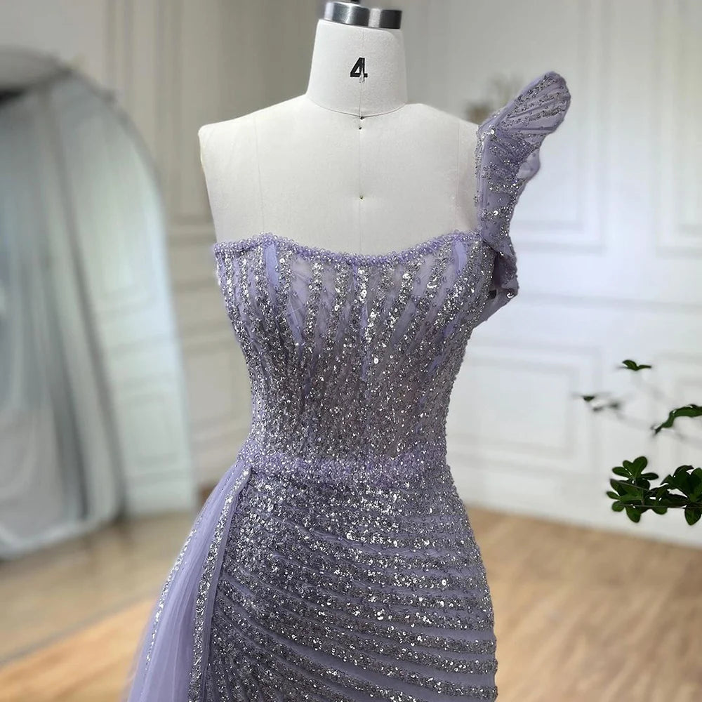 Lilac One Shoulder High Split Beaded Mermaid Evening Dress Gown LA72277 - SERENE HILL