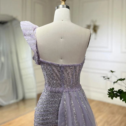 Lilac One Shoulder High Split Beaded Mermaid Evening Dress Gown LA72277 - SERENE HILL