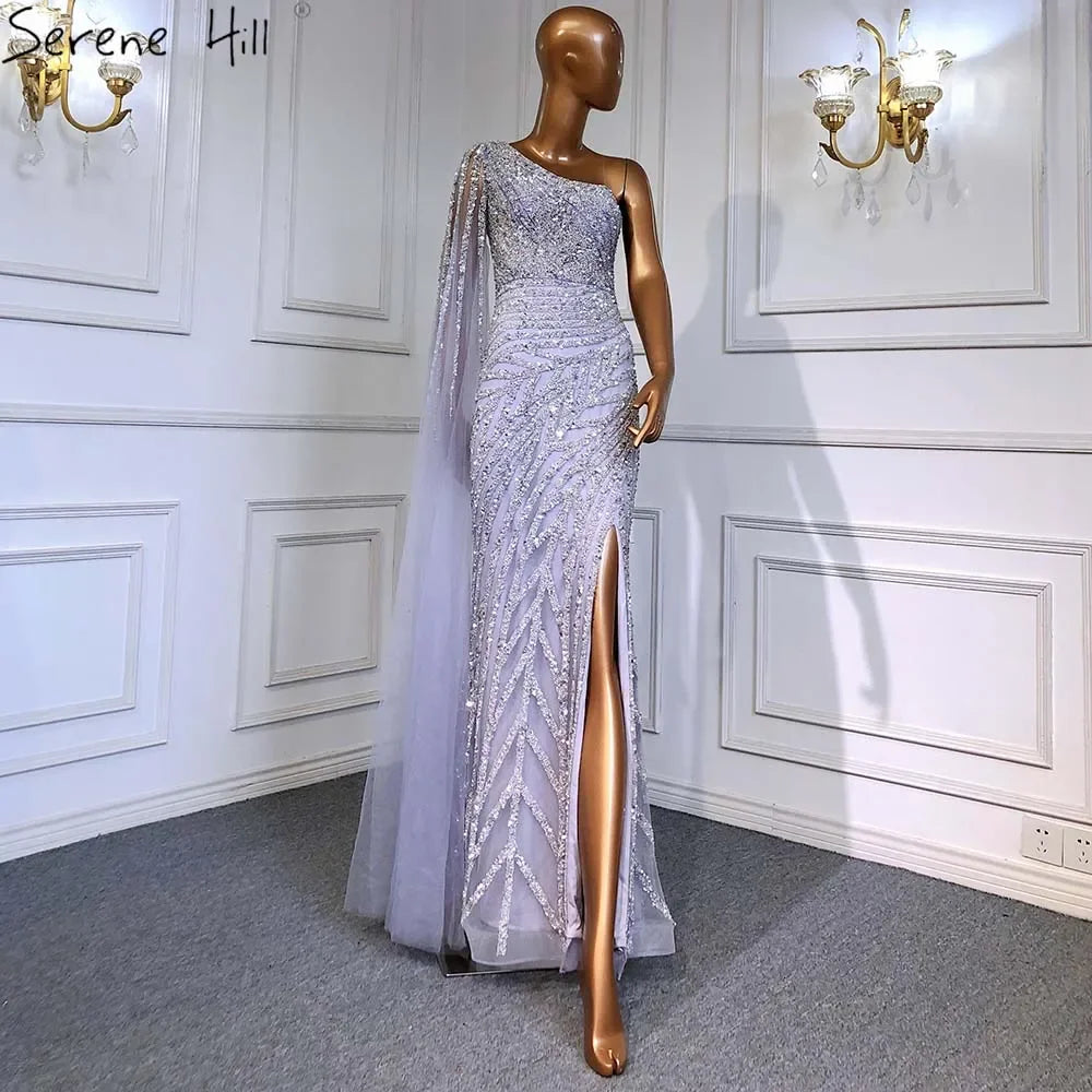 Serene Hill Lilac High Split Mermaid Elegant One Shoulder Evening Dresses Gowns Luxury Beaded 2025 For Women Party LA71493 - SERENE HILL