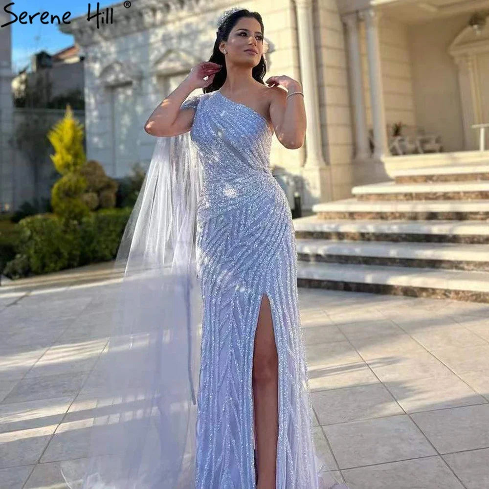 Serene Hill Lilac High Split Mermaid Elegant One Shoulder Evening Dresses Gowns Luxury Beaded 2025 For Women Party LA71493 - SERENE HILL