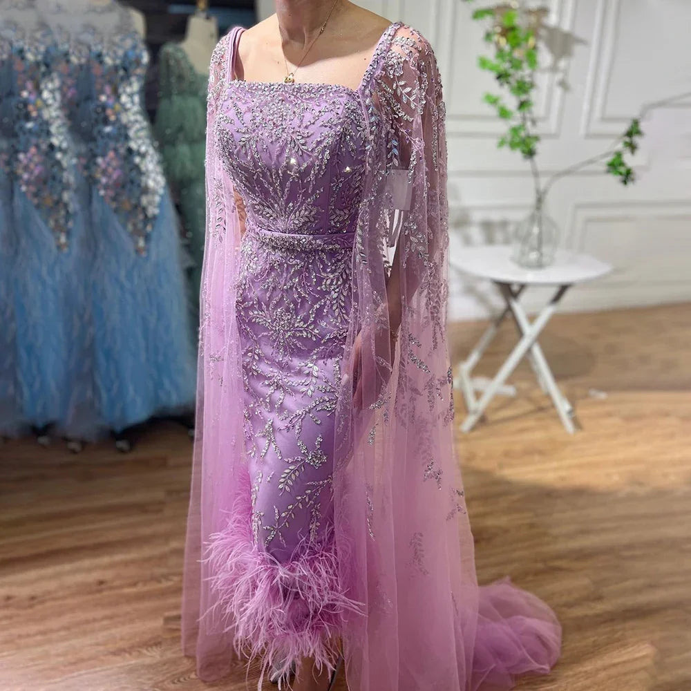 Dubai Luxury Feathers Lilac Evening Dress with Cape Sleeves LA71841 - SERENE HILL