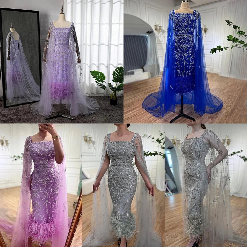Dubai Luxury Feathers Lilac Evening Dress with Cape Sleeves LA71841 - SERENE HILL