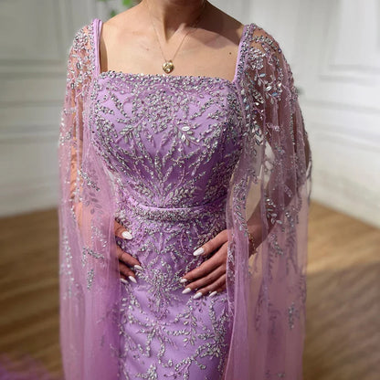 Dubai Luxury Feathers Lilac Evening Dress with Cape Sleeves LA71841 - SERENE HILL