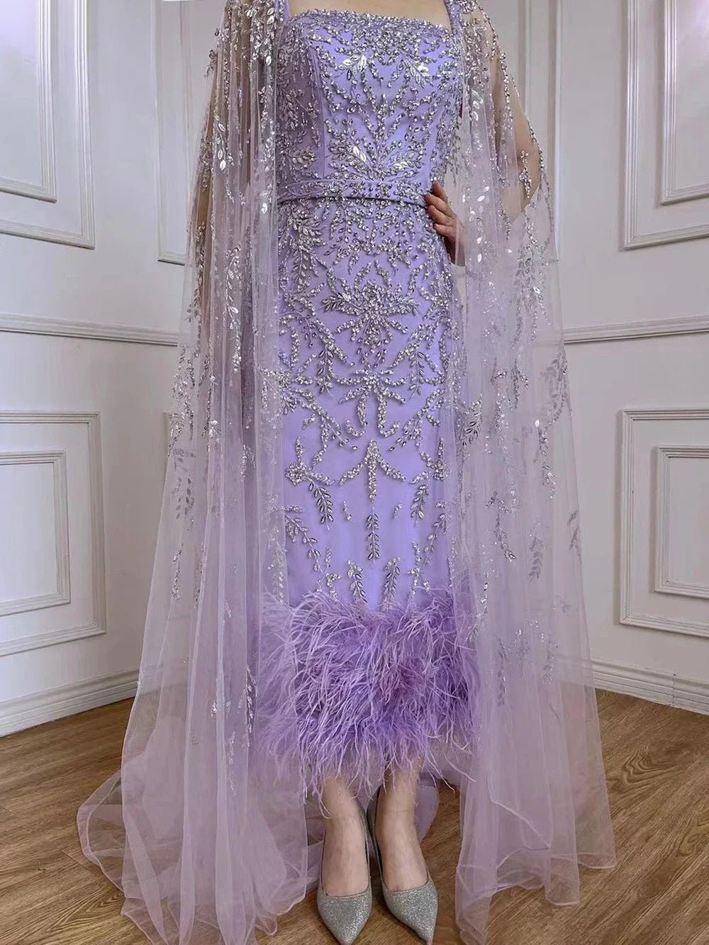 Dubai Luxury Feathers Lilac Evening Dress with Cape Sleeves LA71841 - SERENE HILL