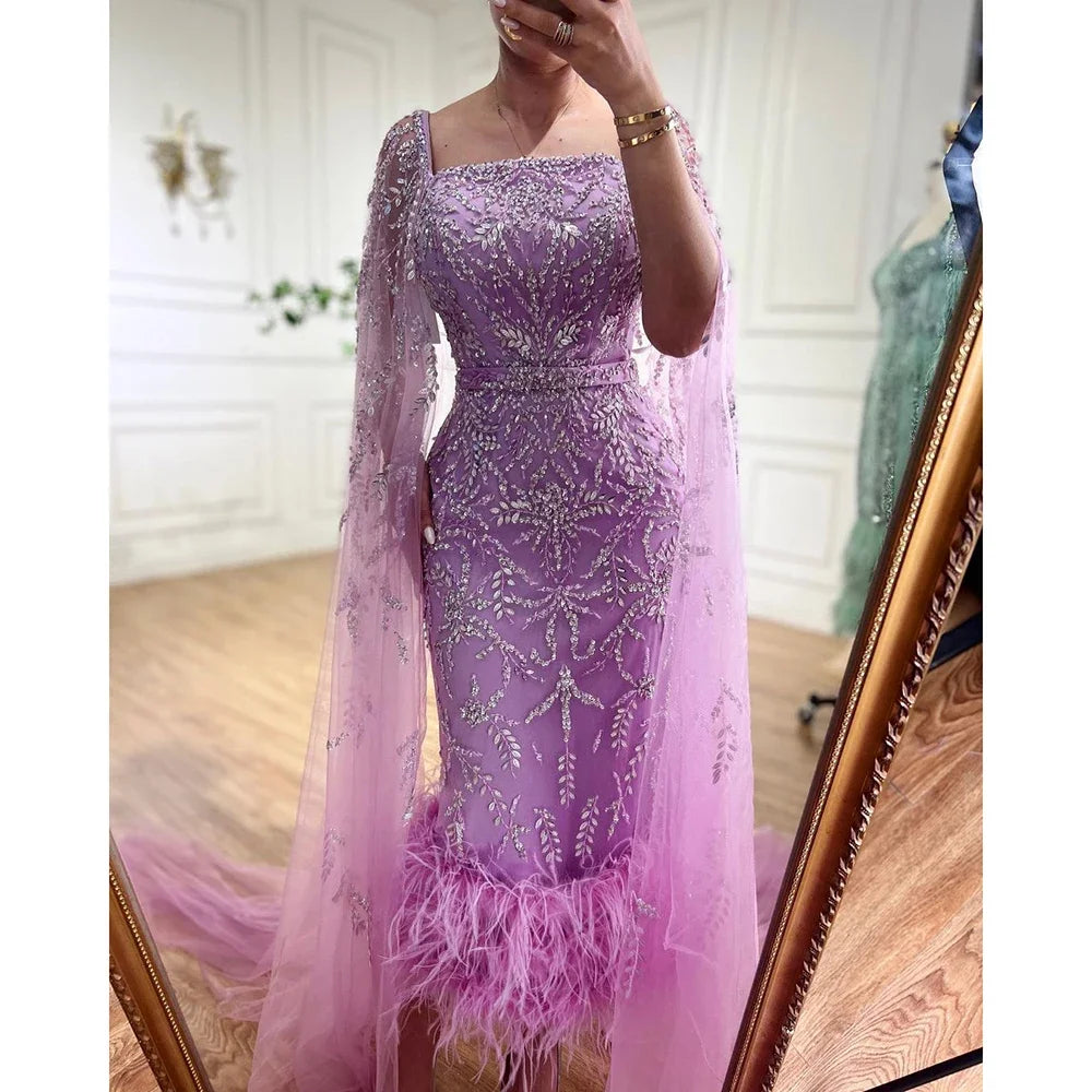 Dubai Luxury Feathers Lilac Evening Dress with Cape Sleeves LA71841 - SERENE HILL