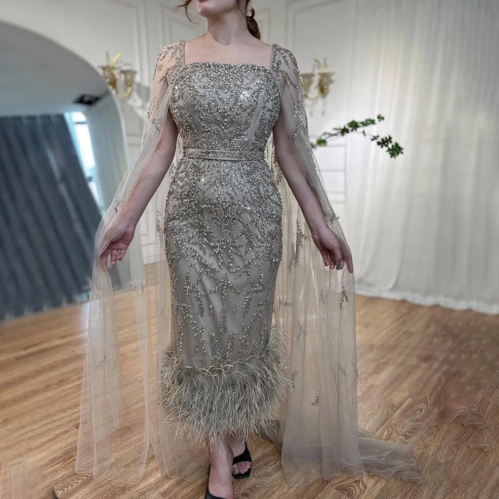 Dubai Luxury Feathers Lilac Evening Dress with Cape Sleeves LA71841 - SERENE HILL