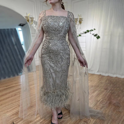 Dubai Luxury Feathers Lilac Evening Dress with Cape Sleeves LA71841 - SERENE HILL