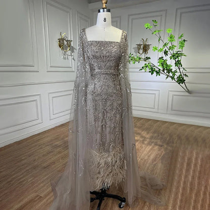 Dubai Luxury Feathers Lilac Evening Dress with Cape Sleeves LA71841 - SERENE HILL