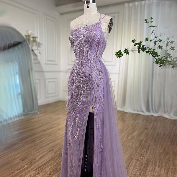 Serene Hill Lilac Mermaid Elegant One Shoulder Feathers Beaded Luxury Evening Dresses Gowns 2025 For Women Wedding Party LA72154
