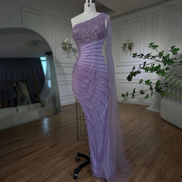 Serene Hill Lilac Mermaid Elegant One Shoulder Sexy High Split Beaded Evening Dresses Gowns 2025 For Women Wedding Party LA72215