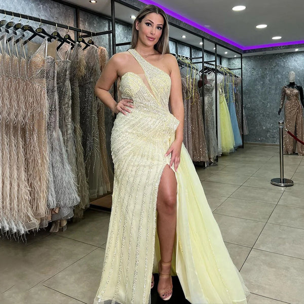 Serene Hill Lilac Mermaid Elegant With Overskirt Sexy One-Shoulder Evening Dresses Gowns Luxury Beaded  Party LA71712
