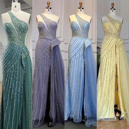 Serene Hill Lilac Mermaid Elegant With Overskirt Sexy One-Shoulder Evening Dresses Gowns Luxury Beaded Party LA71712 - SERENE HILL
