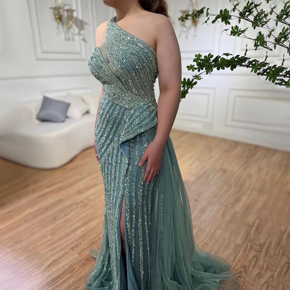 Serene Hill Lilac Mermaid Elegant With Overskirt Sexy One-Shoulder Evening Dresses Gowns Luxury Beaded Party LA71712 - SERENE HILL