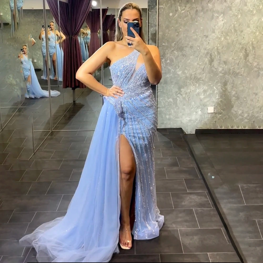 Serene Hill Lilac Mermaid Elegant With Overskirt Sexy One-Shoulder Evening Dresses Gowns Luxury Beaded Party LA71712 - SERENE HILL