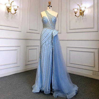 Serene Hill Lilac Mermaid Elegant With Overskirt Sexy One-Shoulder Evening Dresses Gowns Luxury Beaded Party LA71712 - SERENE HILL