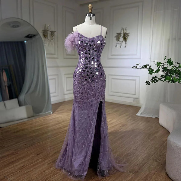 Luxury Beaded Feather Mermaid Lilac Evening Dres LA72212A